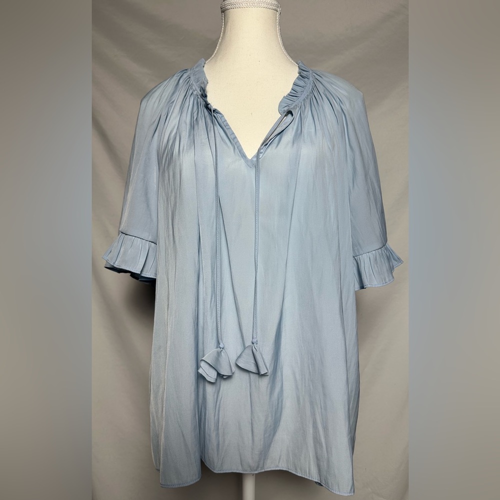ROSE + OLIVE Baby Blue Satin Tasseled Vneck Ruffle Feminine Short Sleeve Size XL